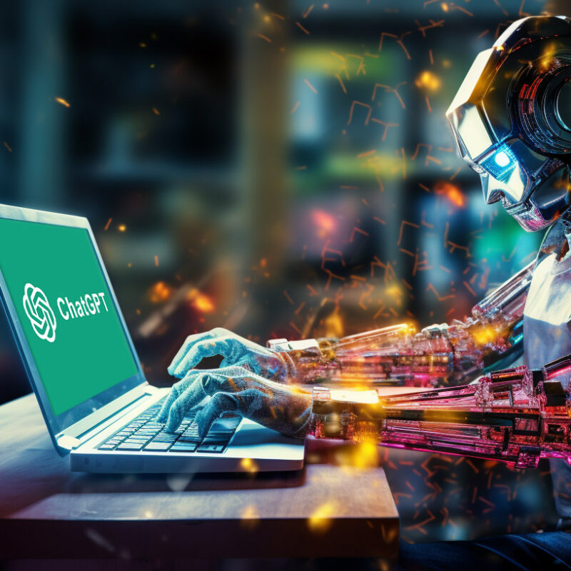 Ein Roboter schaut auf einen Laptop mit Chat GPT Logo