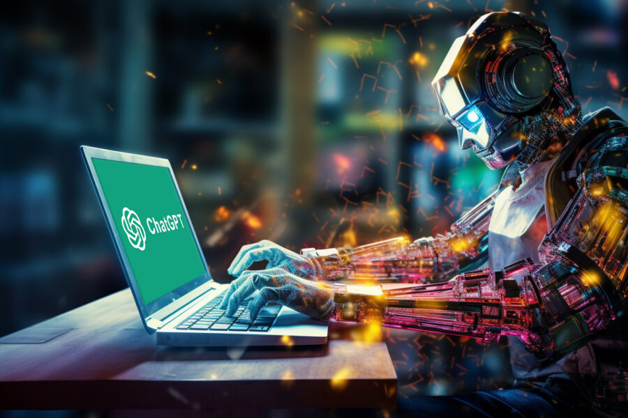 Ein Roboter schaut auf einen Laptop mit Chat GPT Logo